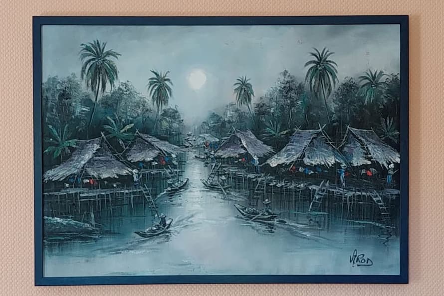 Painting of a fishing village at The Modern Thai Art Gallery in Koh Samui near The Lamai Samui