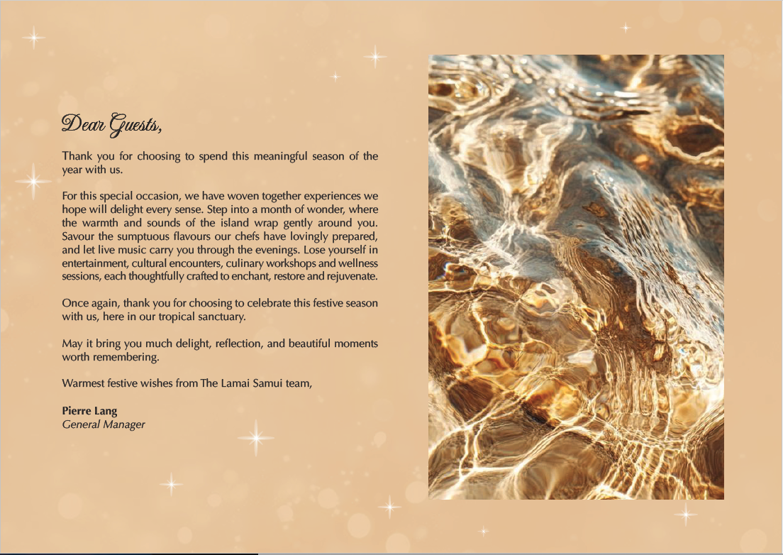 Screenshot 2569-10-07 at 17.44.23 The Lamai Samui - Festive Brochure 2026 including A Timeless Christmas in Samui and A Gilded Tropics New Year's Eve celebration at The Lamai Samui, including culinary and beverage workshops, cultural and wellness experiences to welcome the new year with clarity and wellbeing.